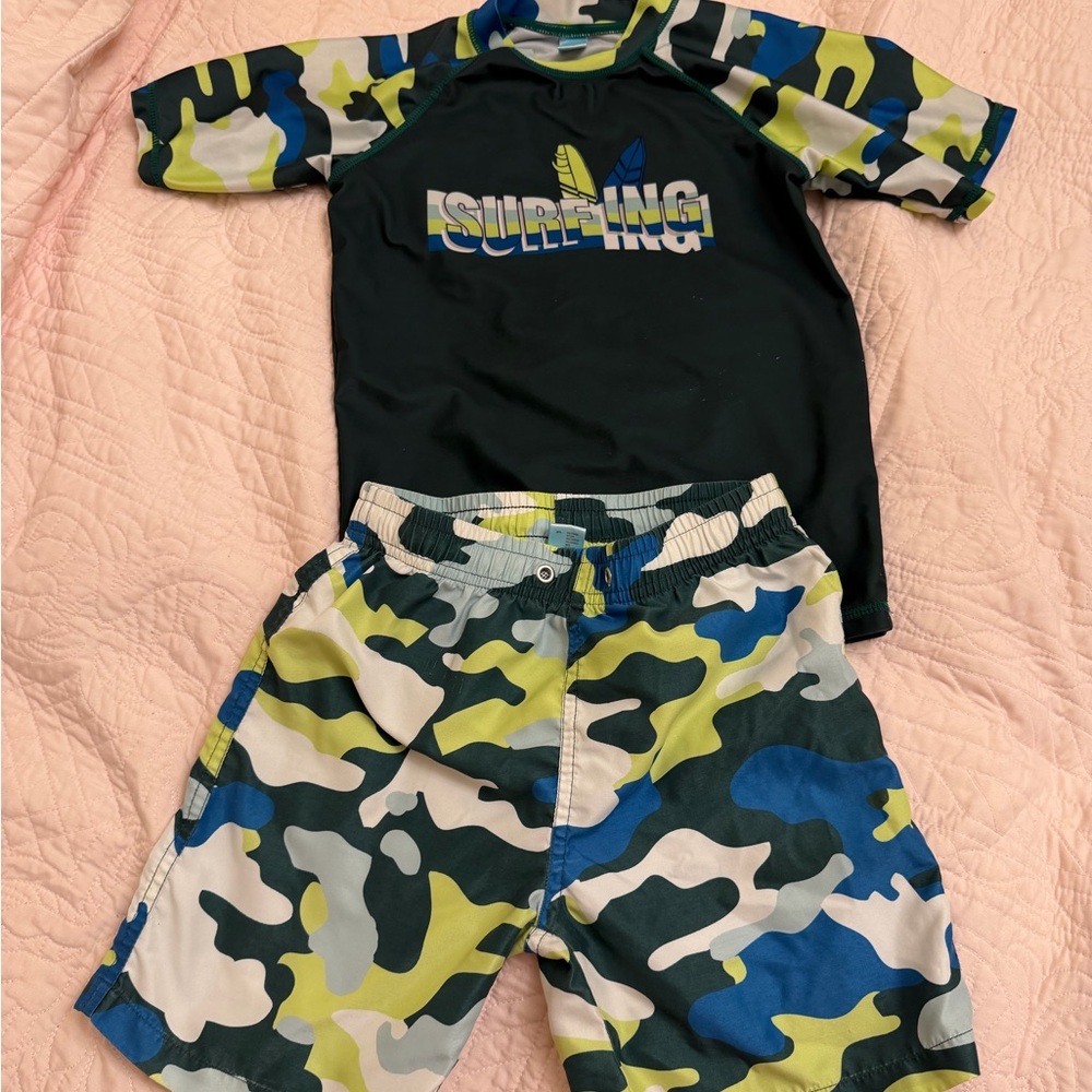Kids Surfing Rash Guard and Camo Swim Shorts - Blue/Green